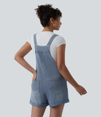 Halara Flex™ Square Neck Rolled Hem Denim Casual Short Overalls with Pockets