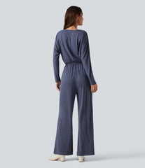 V Neck Long Sleeve Work Jumpsuit with Pockets