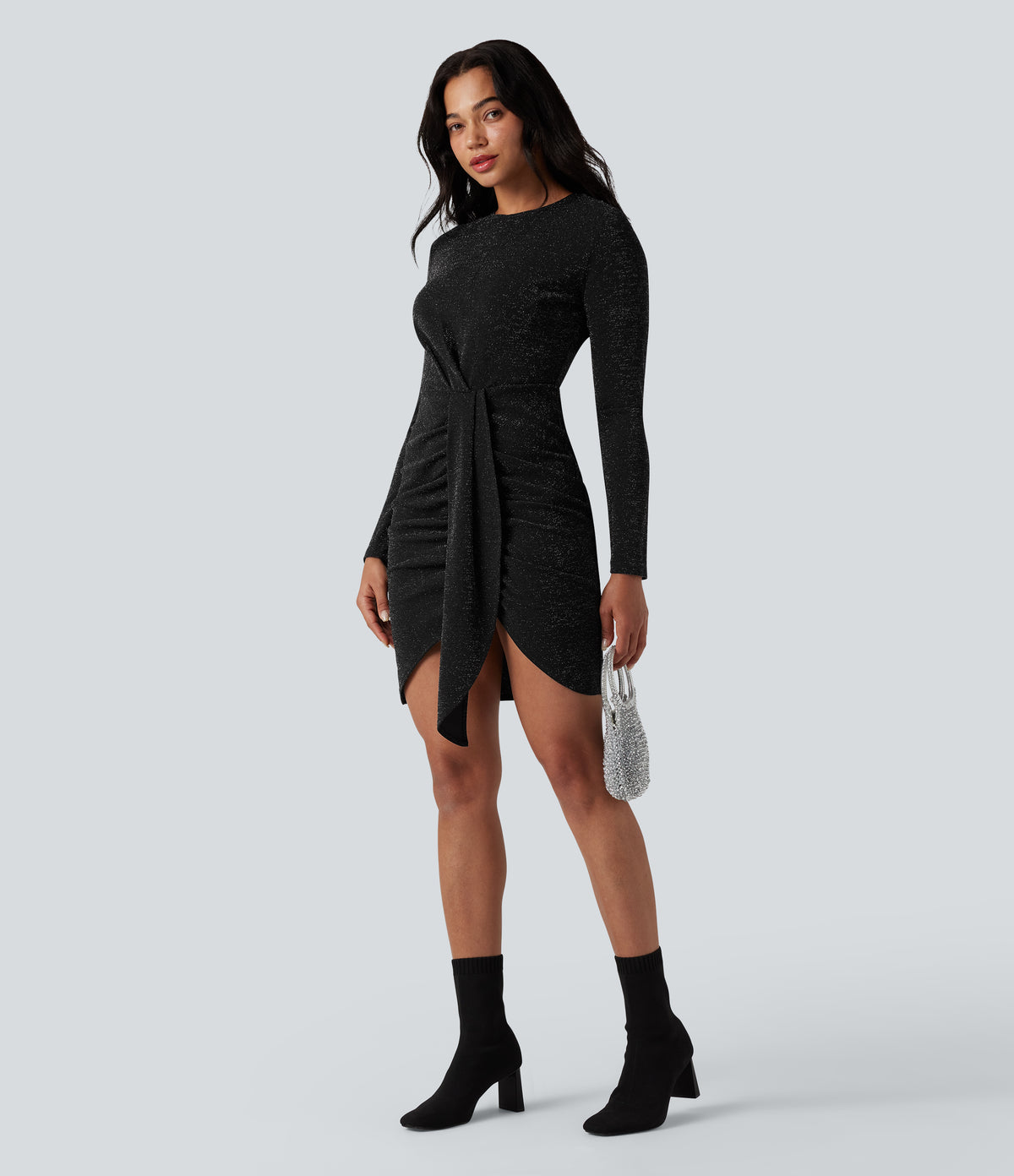 Round Neck Long Sleeve Ruched Bodycon Mini Sparkle Party Dress