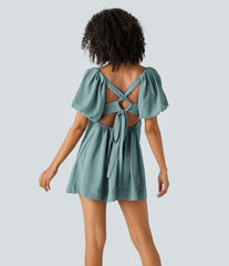 Lace Up Square Neck Puff Sleeve Pocket Casual Linen-Feel Babydoll Dress