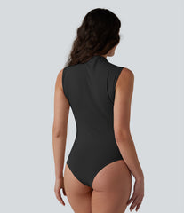 Mock Neck Ruched Sleeveless Casual Bodysuit
