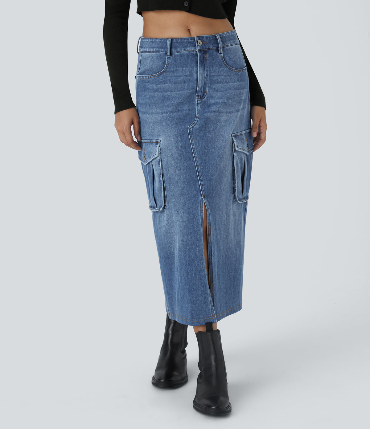 Halara Flex™ Mid Rise Zipper Pockets A Line Denim Maxi Casual Cargo Skirt