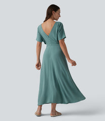 V Neck Short Sleeve Midi Casual Linen-Feel Dress with Pockets