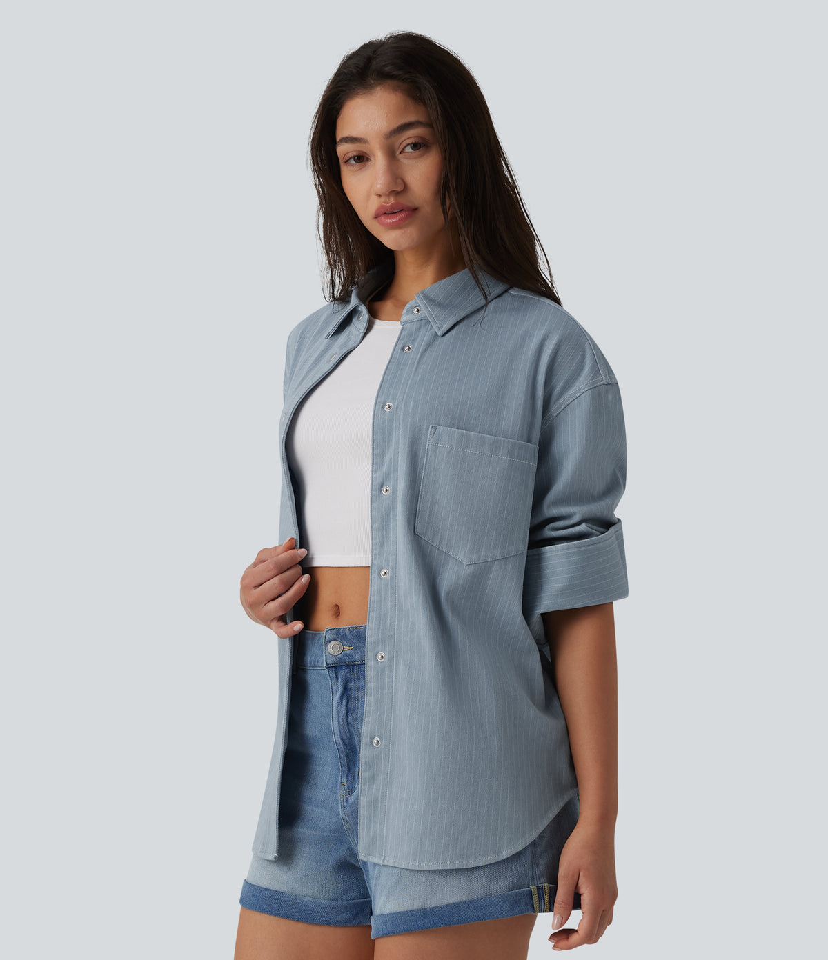 Halara Flex™ Long Sleeve Stripe Denim Casual Shirt with Pocket