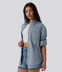 Halara Flex™ Long Sleeve Stripe Denim Casual Shirt with Pocket
