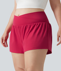 SoftlyZero™ Airy Crossover High Waisted 2-in-1 InstantCool Yoga Plus Size Shorts 3'' with Pockets