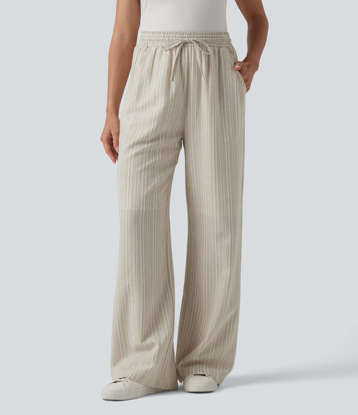 High Waisted Drawstring Stripes Linen Work Baggy Pants with Pockets
