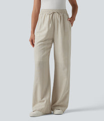 High Waisted Drawstring Stripes Linen Work Baggy Pants with Pockets