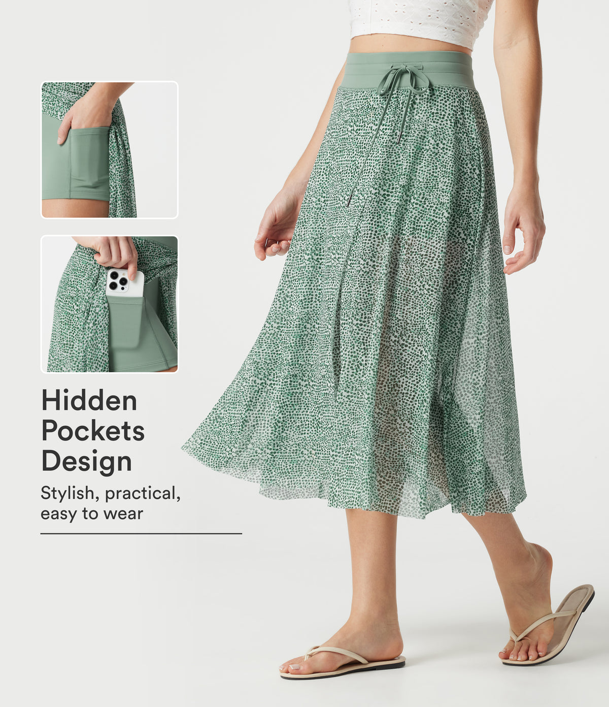 High Waisted Drawstring Leopard Print Contrast Mesh 2-in-1 Flowy Midi Flare Resort Skirt with Pockets