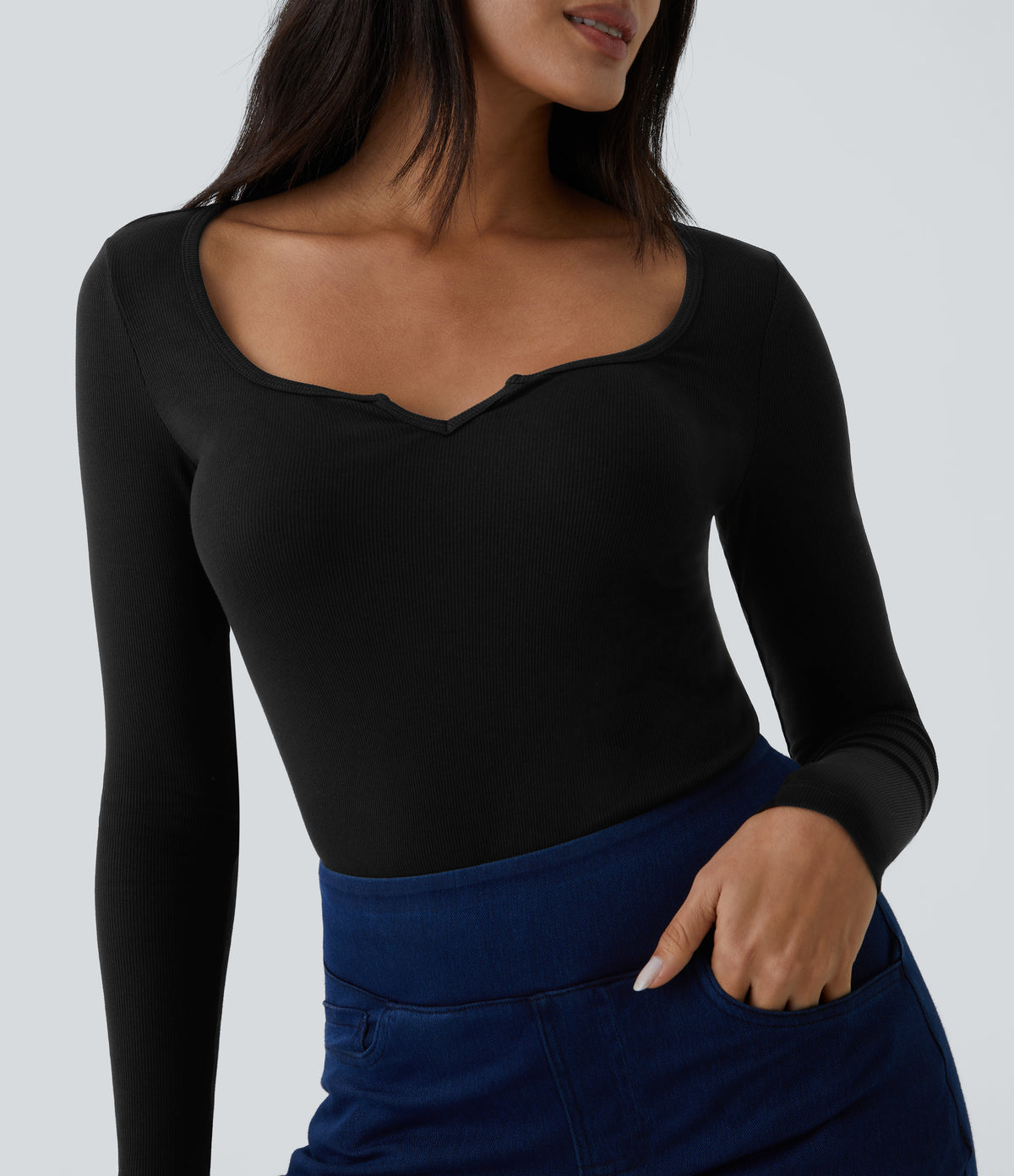 Ribbed Scoop Neck Long Sleeve Slim Casual Top