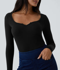 Ribbed Scoop Neck Long Sleeve Slim Casual Top