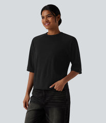 Ribbed Round Neck 3/4 Sleeve Casual Sweatshirt