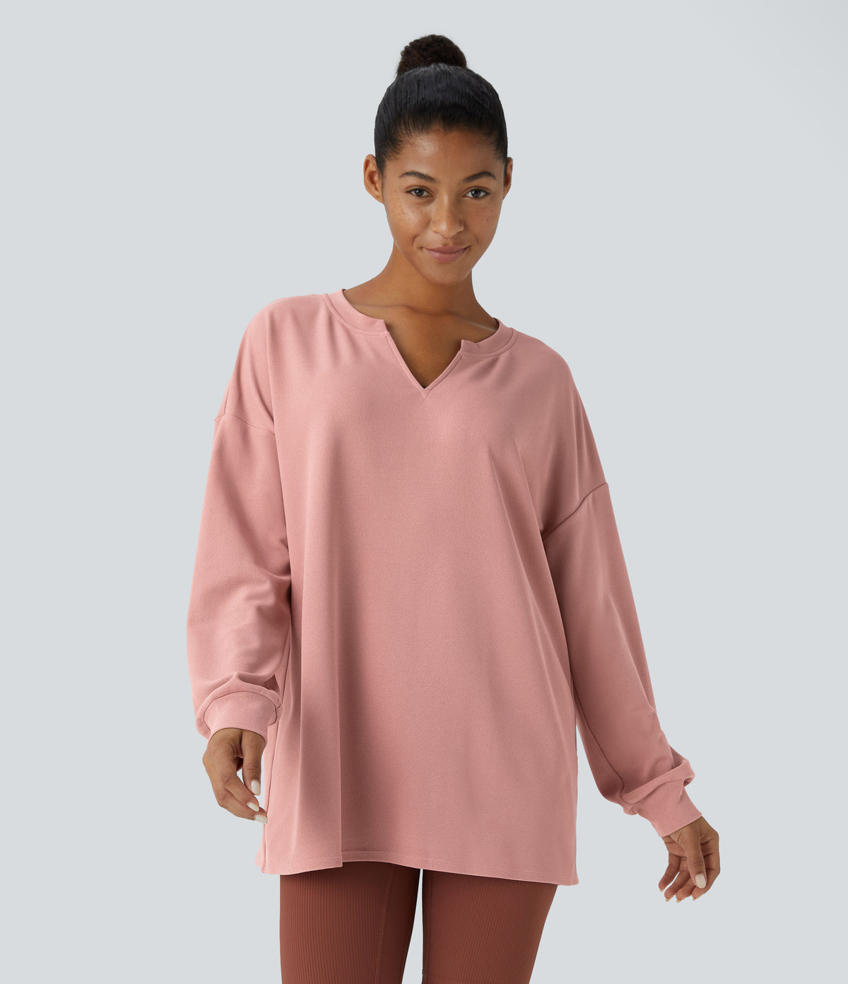 V Neck Dropped Shoulder Relaxed Waffle Casual Sweatshirt
