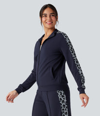 Stand Collar Contrast Leopard Casual Jacket with Pockets