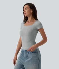 Halara Cotton Jersey Square Neck Short Sleeve Ultra-slim Heathered Casual T-Shirt