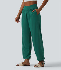 Crossover High Waisted Drawstring Plain Casual Joggers with Pockets