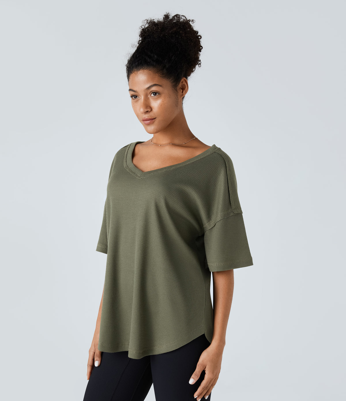 V Neck Dropped Shoulder Curved Hem Relaxed Waffle Casual T-Shirt