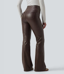 High Waisted Tummy Control Stretchy PU Fleece Flare Casual Pants with Pockets
