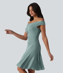 Ribbed Off Shoulder Non-Removable Pad Mini Casual Dress