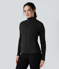 High-neck Contrast Ribbed Slim Casual Quilted Jacket with Pockets