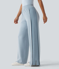 SpacerTek™ High Waisted Inner Drawstring Contrast Ribbed Split Casual Wide Leg Pants with Pockets