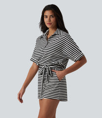 Half Sleeve Belted Stripe Waffle Casual Romper with Pockets-Easy Peezy Edition