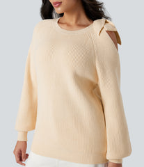 Round Neck Tie Side Long Sleeve Sweater Knit Casual Top