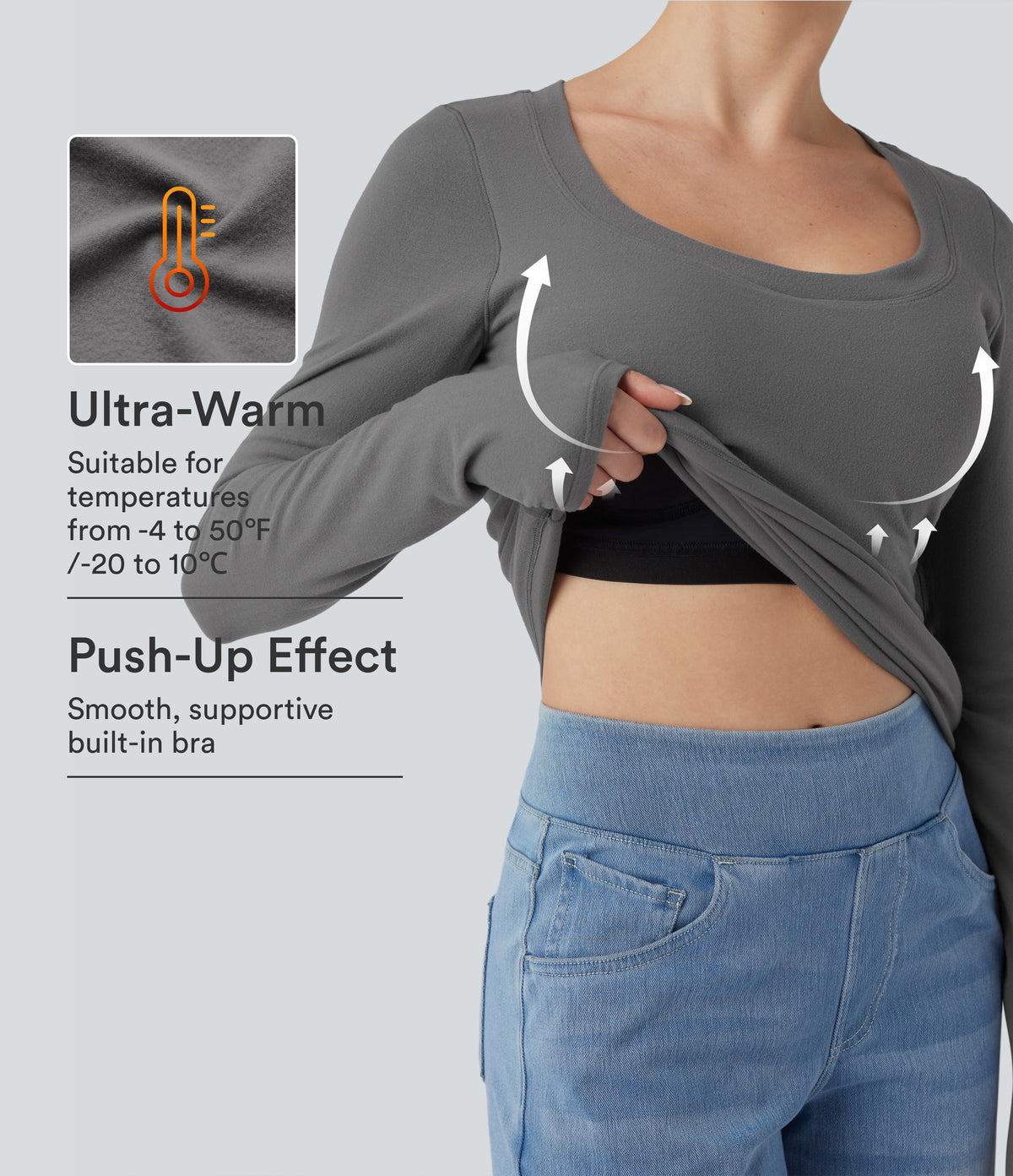 Halara HeatCore Scoop Neck Push-Up Long Sleeve Casual Warming Top DD-F Cups