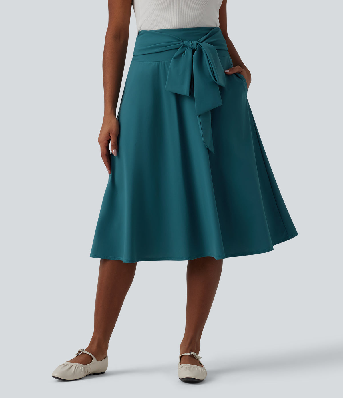 High Waisted Tie Front A Line Midi Casual Skirt