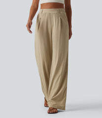 High Waisted Straight Leg Casual Stretch Linen Pants with Pockets