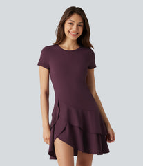 SoftlyZero™ Airy Round Neck Short Sleeve Layered Ruffle Hem InstantCool Mini Casual Dress