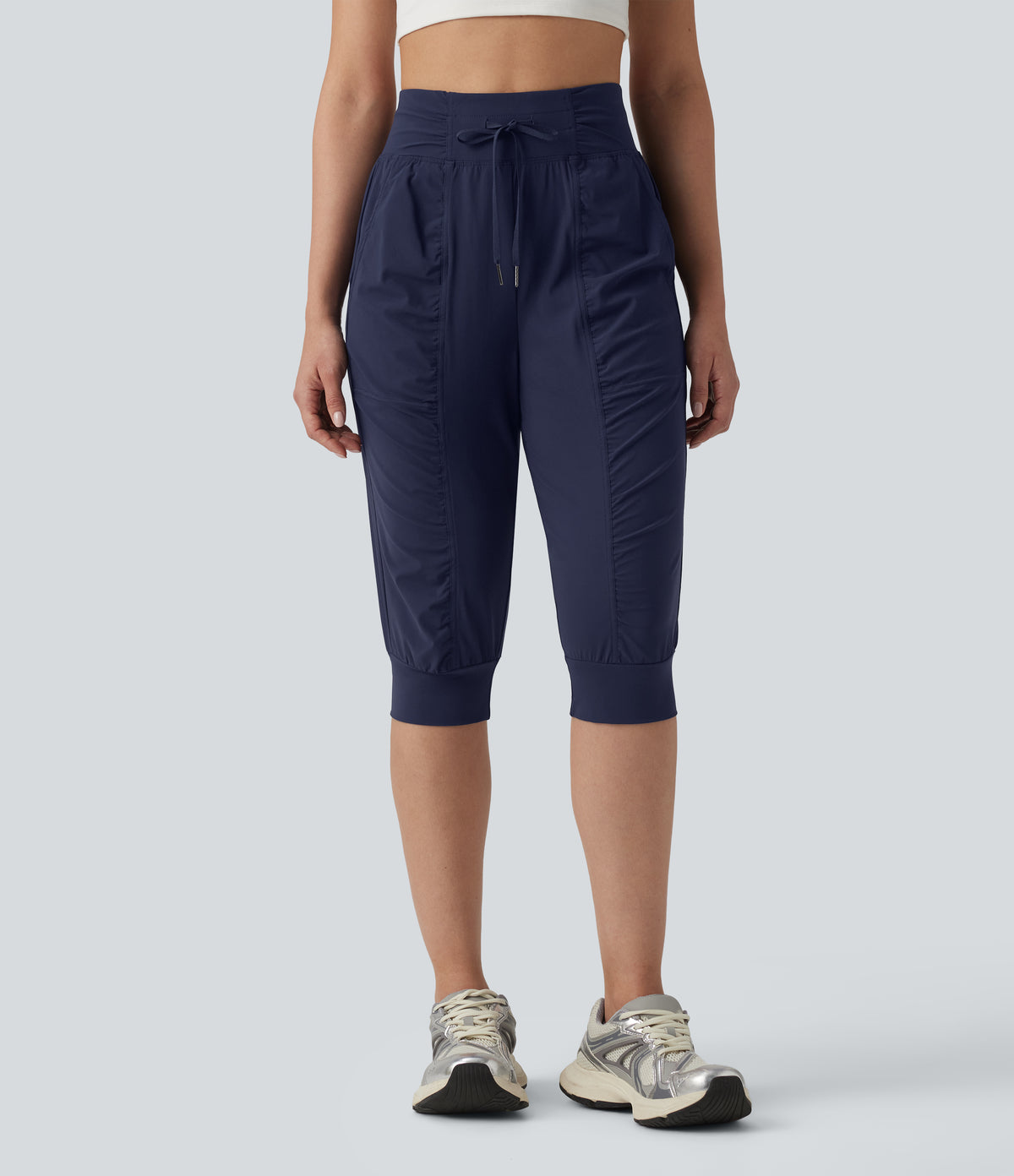 High Waisted Drawstring Ruched Tapered Pedal Pusher Quick Dry InstantCool Dance Joggers with Pockets-UPF40+