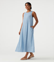 Round Neck Sleeveless Midi Crinkle Gingham Casual Tank Dress with Pockets