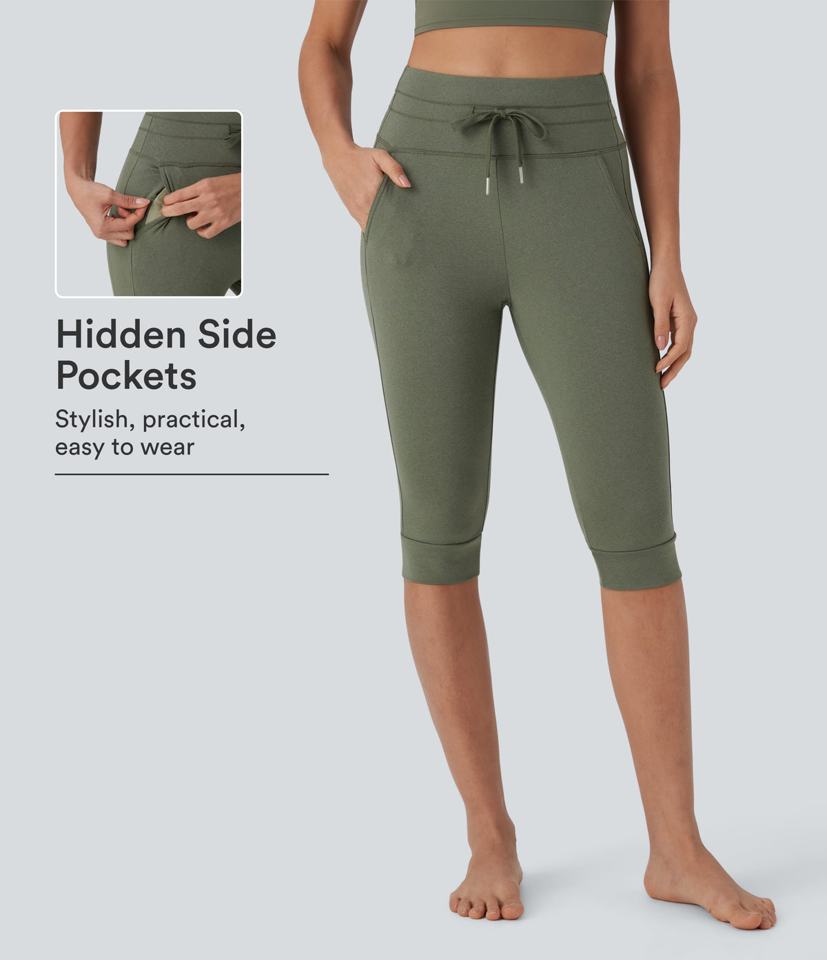 High Waisted Drawstring Pedal Pusher Quick Dry Yoga Joggers with Pockets