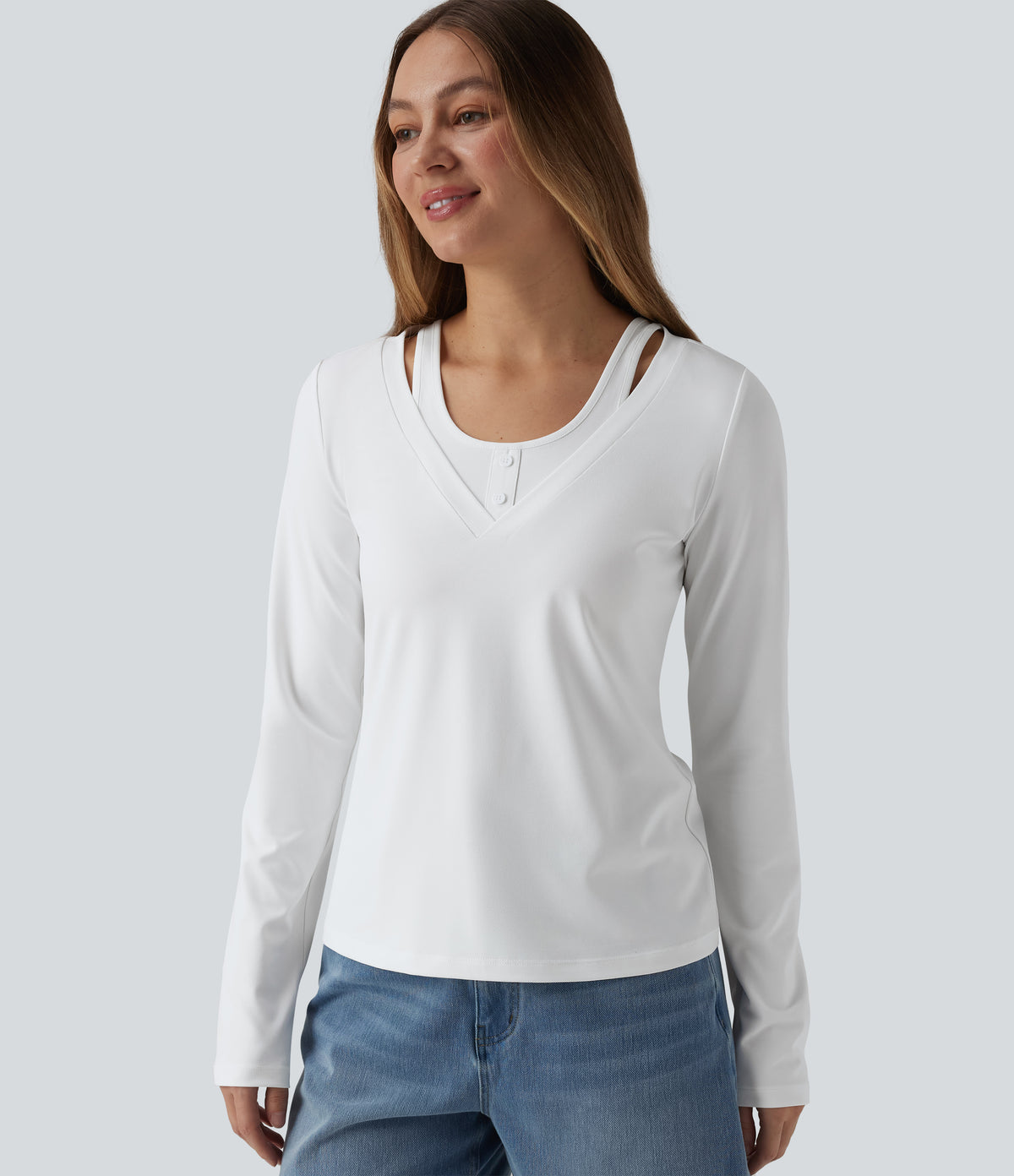 V Neck Long Sleeve 2-in-1 Casual T-Shirt