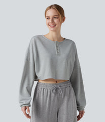Henley Neck Long Sleeve Cropped Casual Sports Sweatshirt