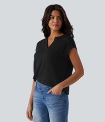 Semi Sheer Notched Short Sleeve Casual T-Shirt