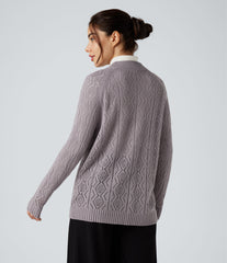Round Neck Long Sleeve Button Fly Hollow Out Casual Cardigan
