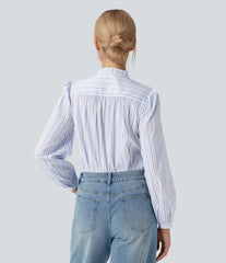 V-neck High Low Striped Print Casual Blouse
