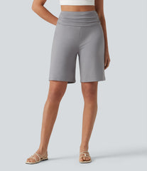 High Waisted Ruched Casual Bermuda Shorts with Pocket