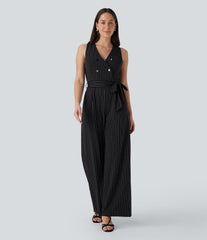 V Neck Sleeveless Belted Stripe InstantCool Work Jumpsuit with Pockets-Easy Peezy