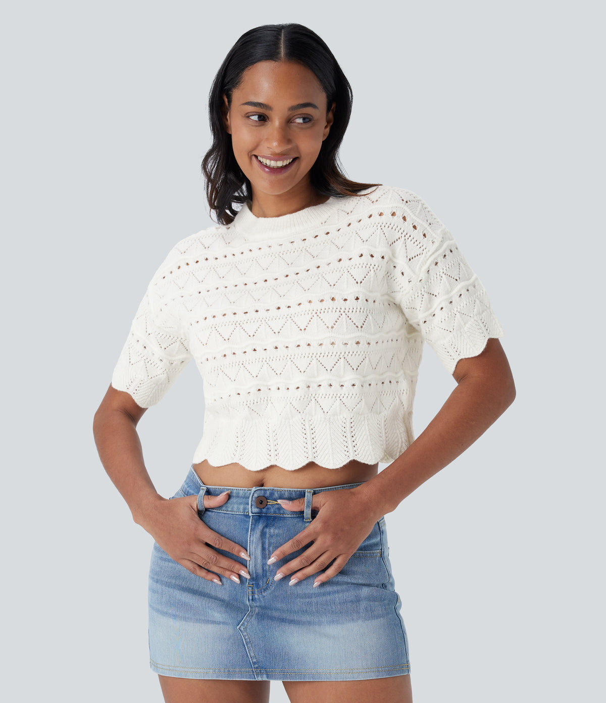 Round Neck Short Sleeve Scallop Hem Open Knit Casual Sweater