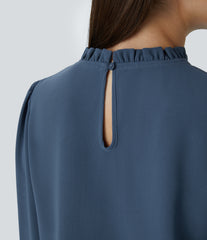 Frill Round Neck Keyhole Back Long Sleeve Work Blouse