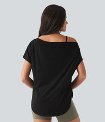 One Shoulder Short Sleeve Curved Hem High Low Built-in Bra Quick Dry Yoga Sports Top