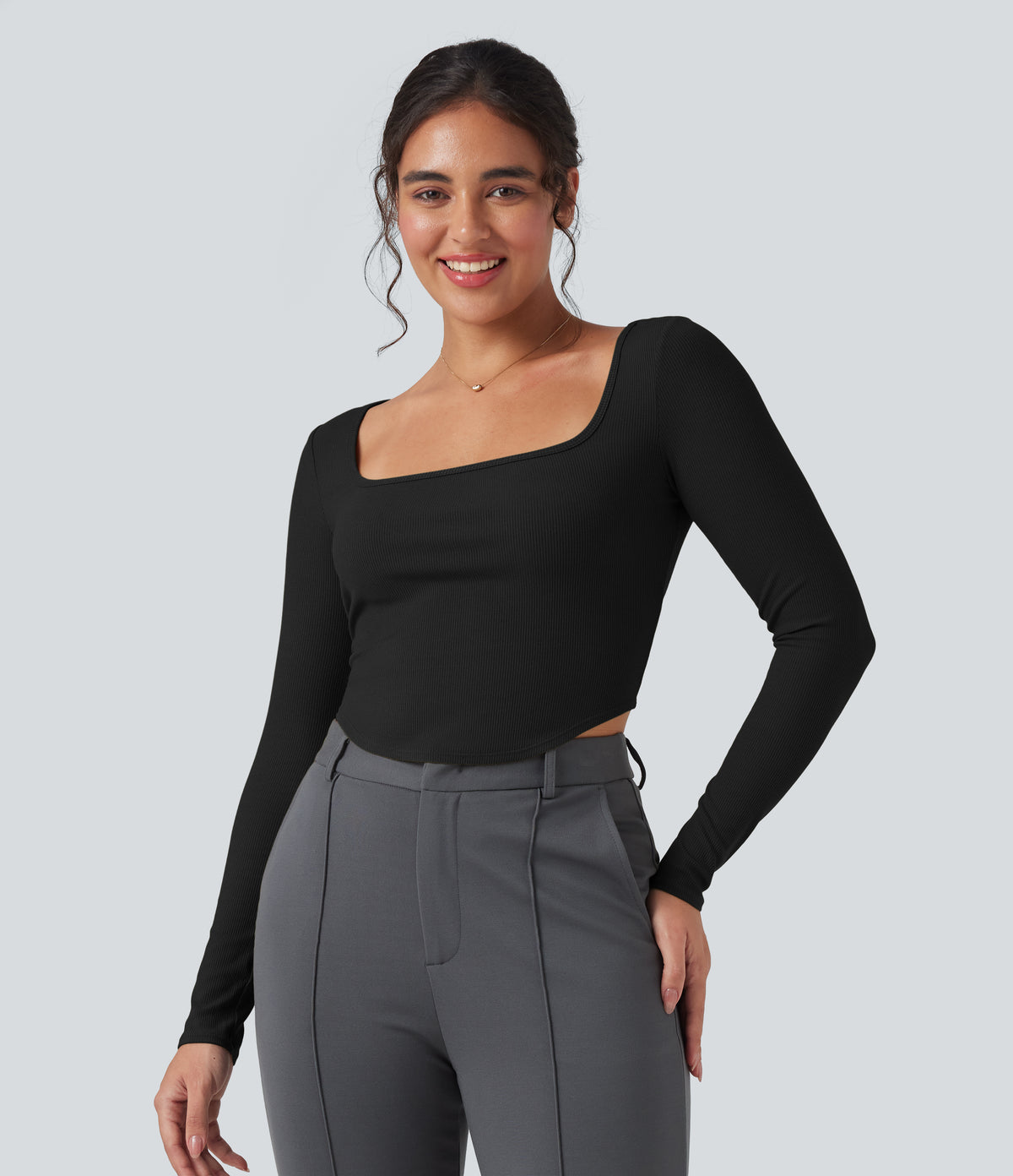 Ribbed Knit Square Neck Long Sleeve Curved Hem Work T-Shirt