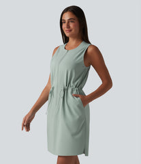 Round Neck Sleeveless Half Zip Drawstring Mini Hiking Active Dress with Pockets
