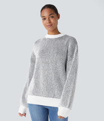 Round Neck Long Sleeve Color Block Stripe Casual Sweater