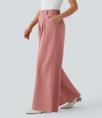 High Waisted Pocket Wide Leg Flowy Solid Palazzo Casual Linen-Feel Pants