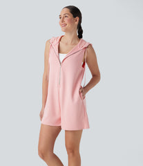 Hooded Sleeveless Zipper Casual Jumpsuit with Pockets