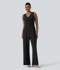 V-neck Sleeveless Pleated Work Jumpsuit with Pockets-Easy Peezy
